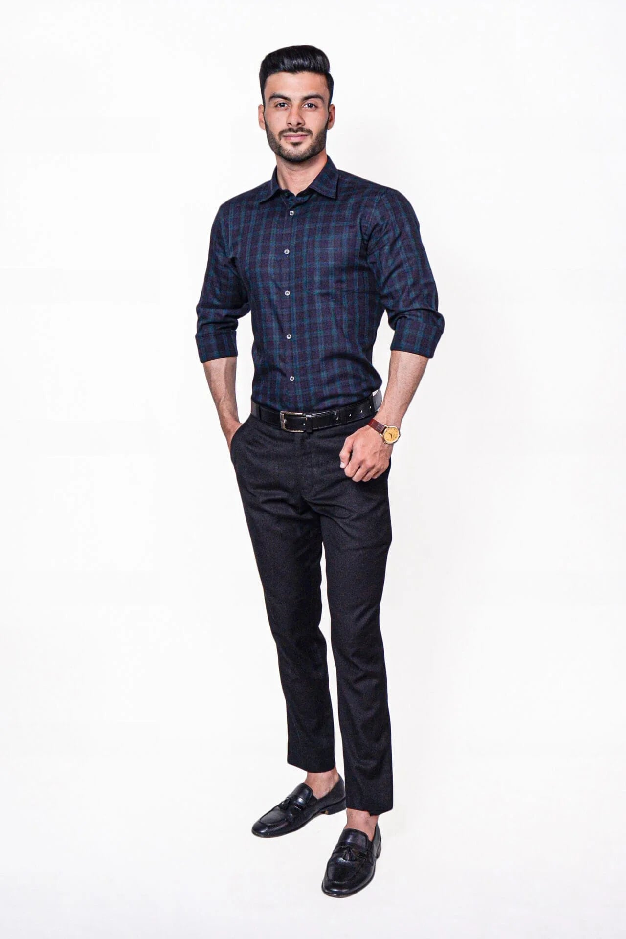 Firdous Black & Green Check Menβs Formal Shirt Cotton